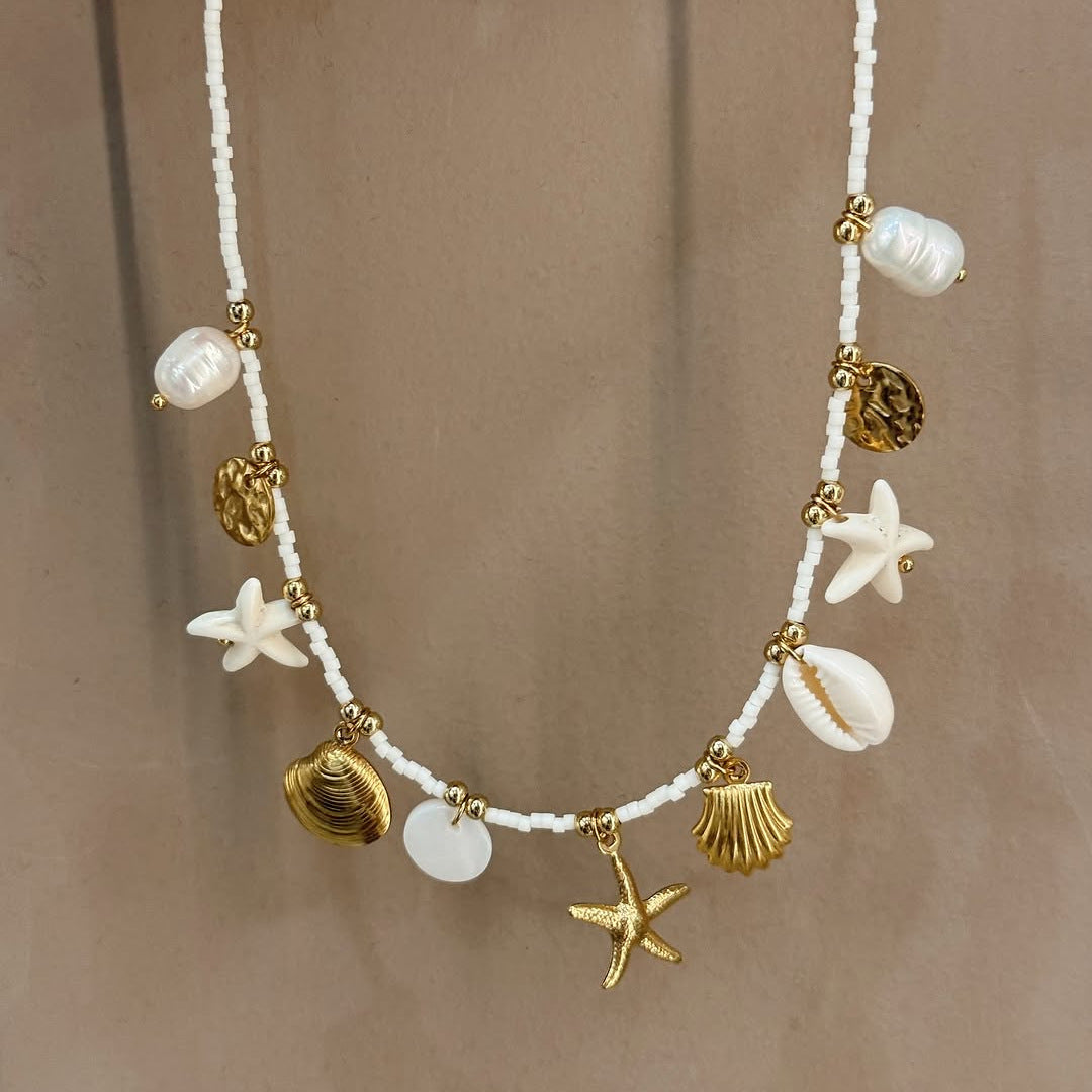 Bohemian Beach Shell Necklace with Starfish and Conch Pendant in Stainless Steel with Plated Finish