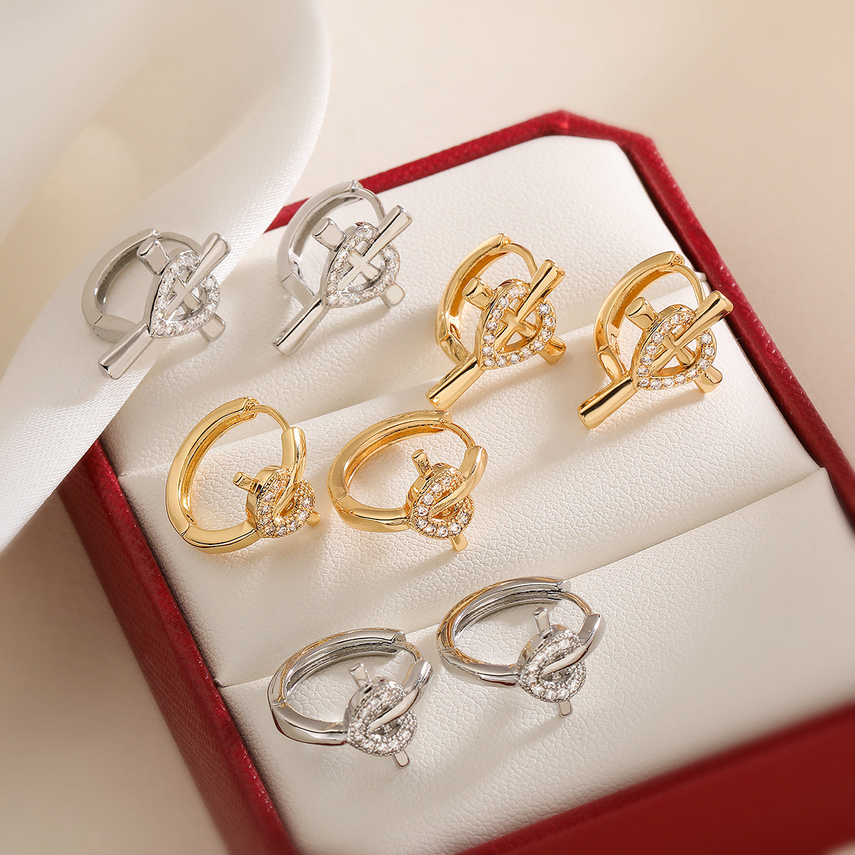 Vintage-Style Irregular Geometric Cross Hoop Earrings for Women Made of Brass with 18K Gold Plating and Zircon Inlay