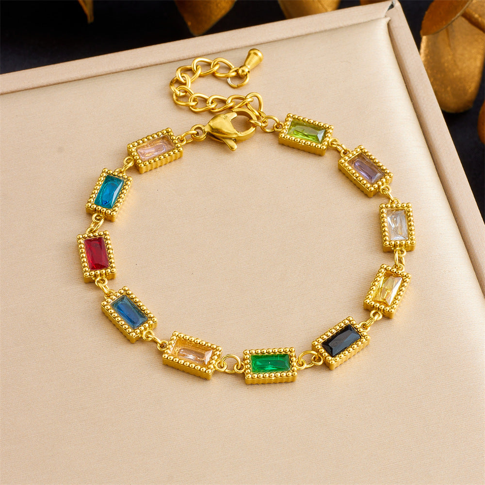 Fashionable Geometric Stainless Steel Bracelet with Electroplated Finish for Women Featuring Oval and Square Accents