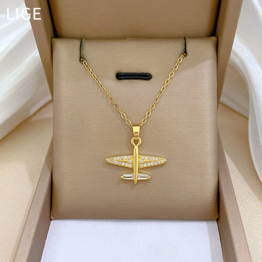 Minimalist Airplane-Shaped Titanium Steel Necklace with Rhinestone Inlay for Women, Geometric Pendant on Titanium Steel Chain