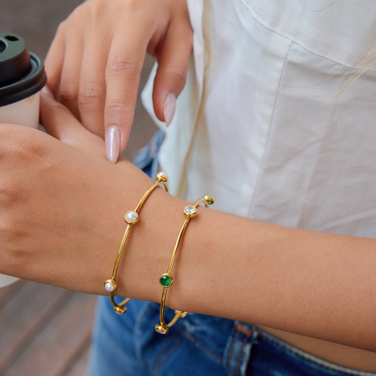 18K Gold Plated Stainless Steel Pearl Bracelet for Women