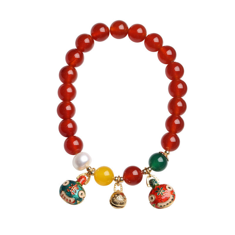 New Chinese Style Animal-Shaped Titanium Steel Bracelet with Crystal and Natural Red Agate Beads for Women