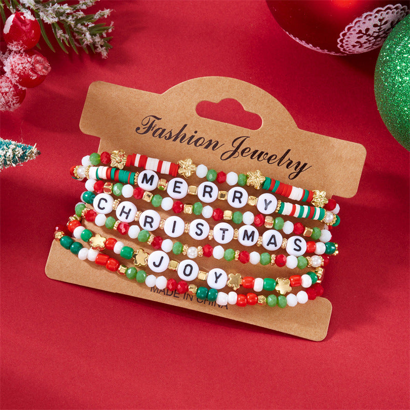 Handmade Christmas Style Beaded Bracelet Set with Alphabet Charms and Polymer Clay Beads in Alloy for Unisex Wear