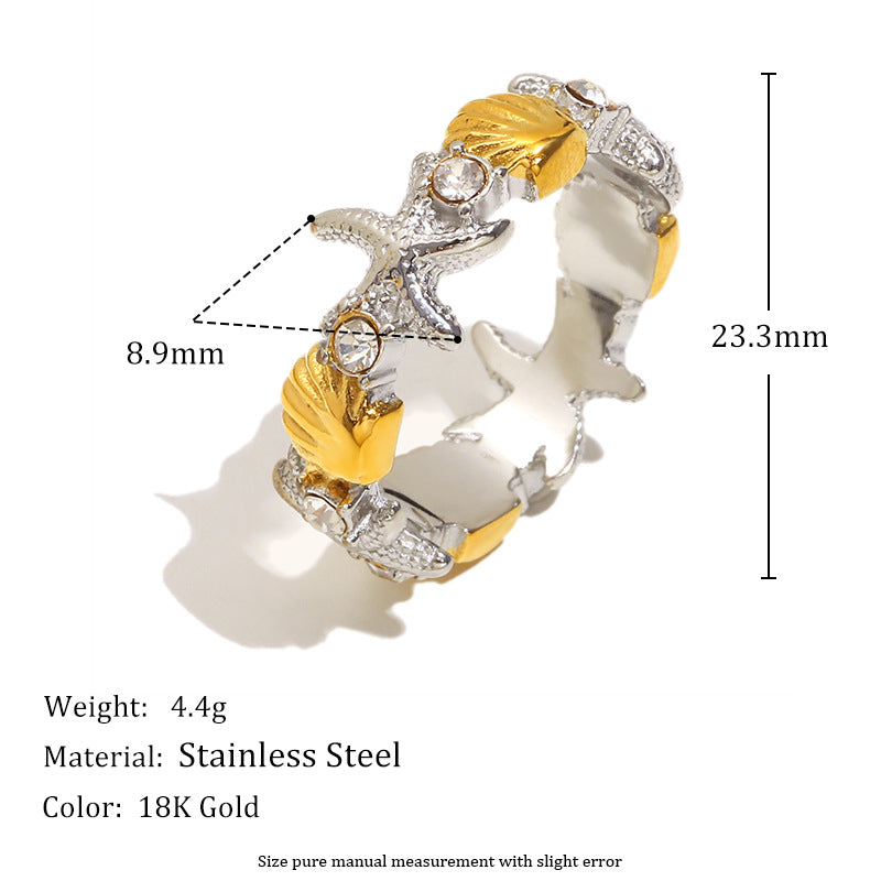 Fashionable Starfish-Shaped Stainless Steel Ring with 18K Gold Plating for Women