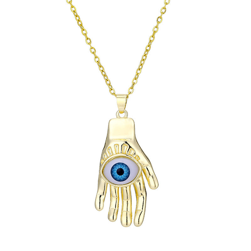 Collar con colgante de ojo turco geométrico vintage para mujer, chapado en cobre con oro real, cadena de serpiente, cadena de suéter ajustable