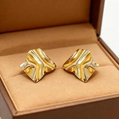 Pendientes de acero inoxidable geométricos chapados con textura arrugada de moda para mujer