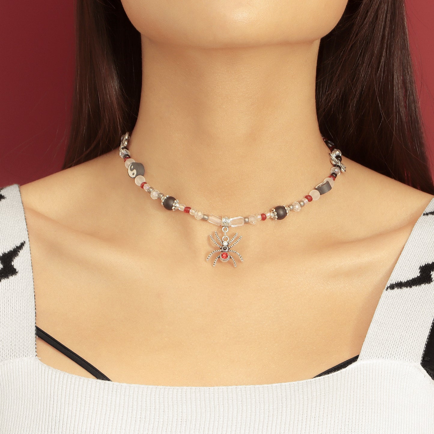 Minimalist Black and White Spider Pendant Necklace for Women with Rhinestone Inlay and Gold Plated Alloy