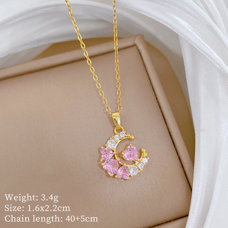 Sweet Moon Heart Diamond Cubic Zirconia Plated Titanium Steel Necklace and Earring Set with Cable Chain