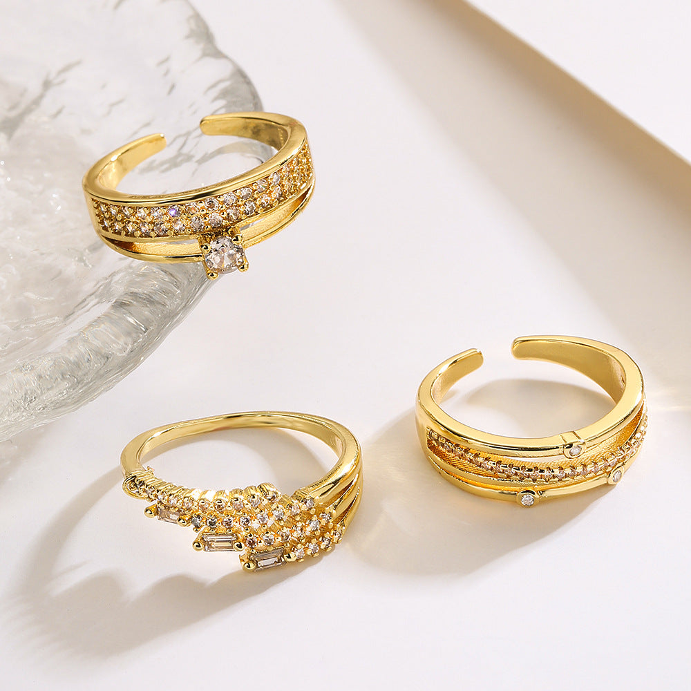 Irregular Geometric Open Ring for Women in Copper with Micro-Pave Zirconia, Vintage-Inspired Fashion Accessory