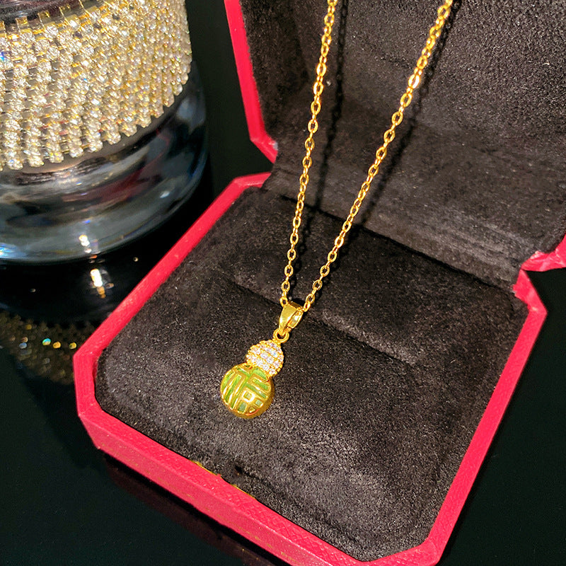 Sweet Minimalist Gourd Brass Pendant with Cubic Zirconia Inlay Titanium Steel Necklace for Women