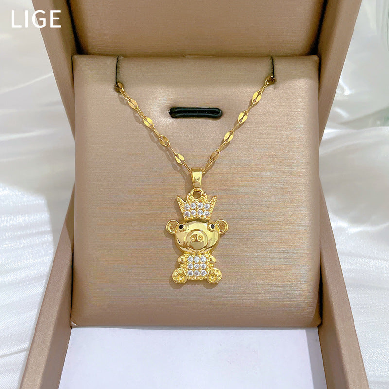 Minimalist Crown Bear Pendant Necklace in Titanium Steel with Rhinestone Accents for Women and Men
