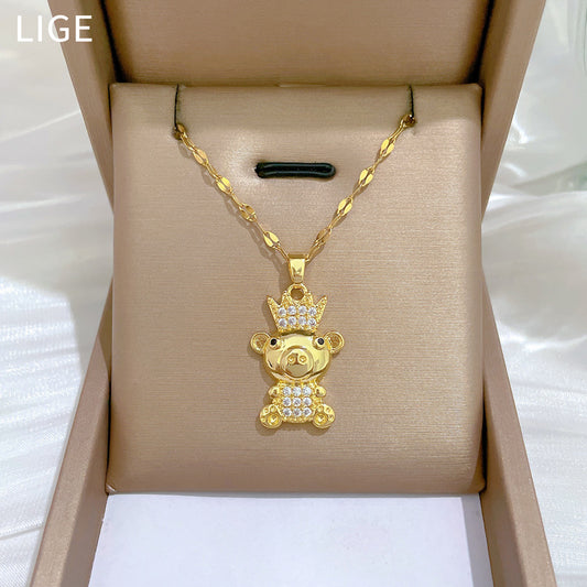 Collana Minimalista con Orsetto e Corona in Acciaio al Titanio con Strass per Uomo e Donna
