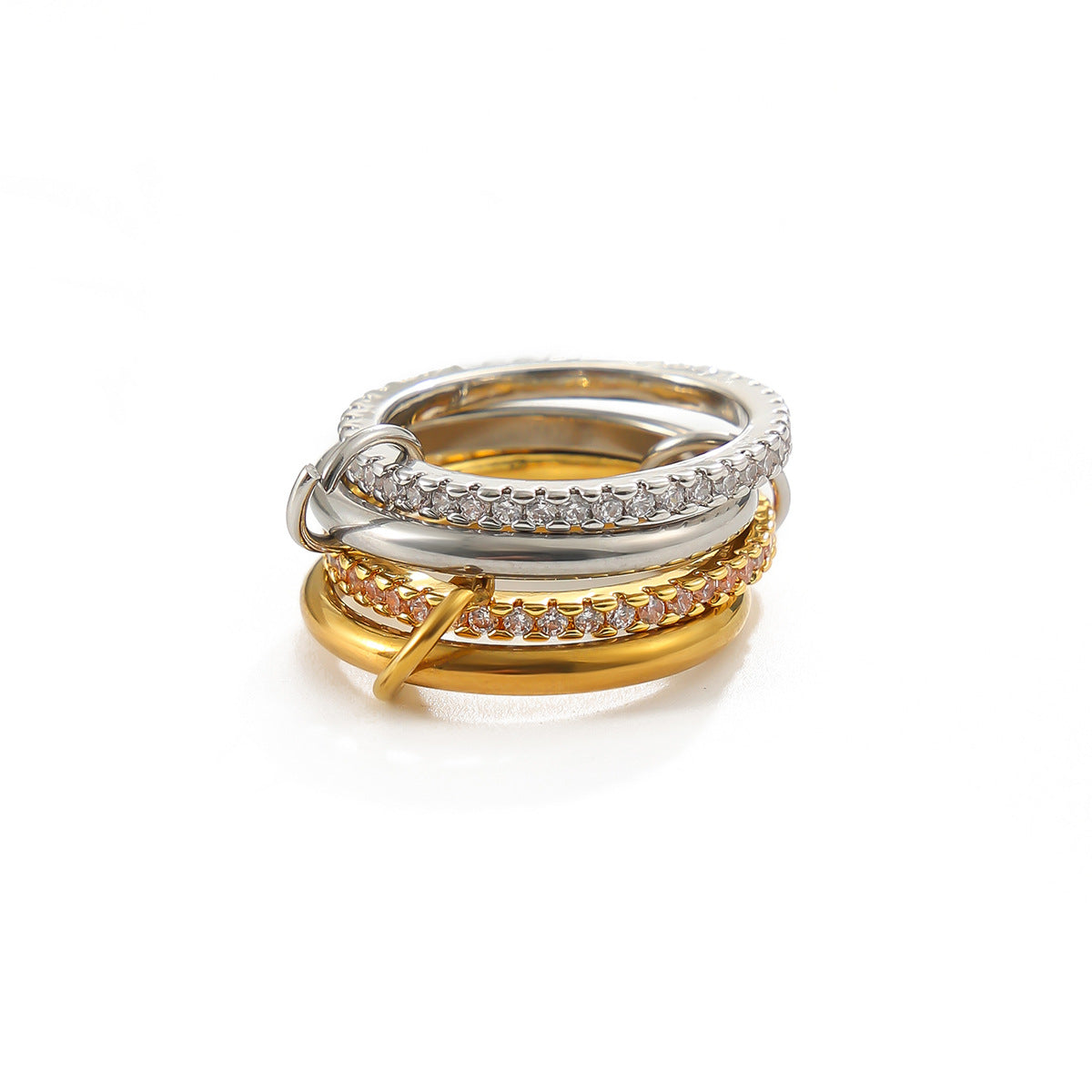 18K Gold Plated Stainless Steel Geometric Ring with Cubic Zirconia Inlay for Women