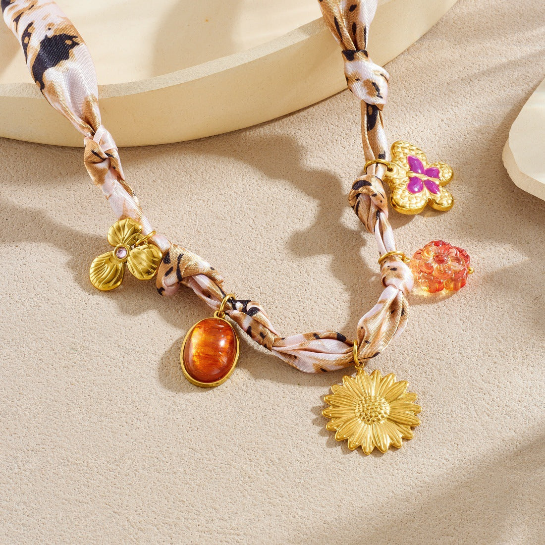 Vintage Gold Plated Drip Oil Stainless Steel Sunflower Butterfly Floral Pendant Necklace for Women