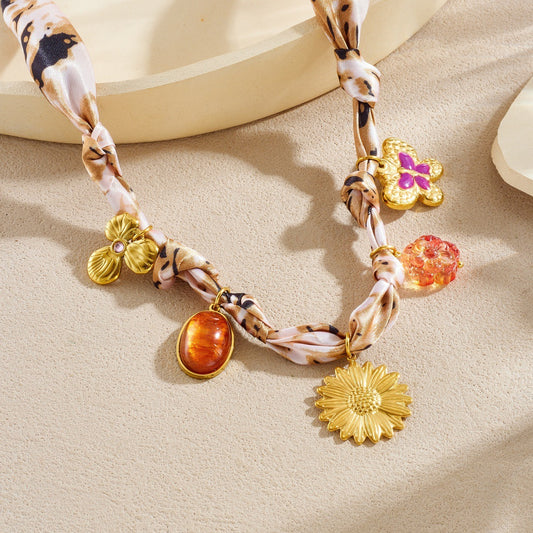 Vintage Gold Plated Drip Oil Stainless Steel Sunflower Butterfly Floral Pendant Necklace for Women