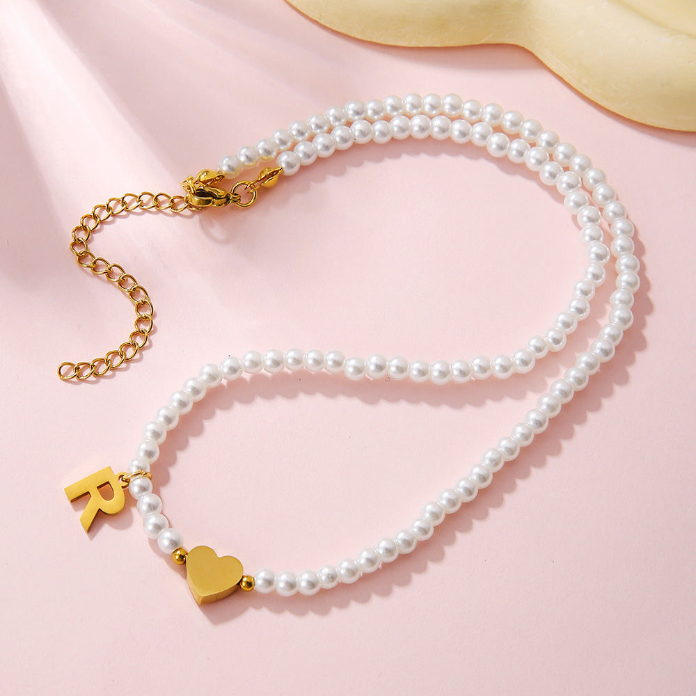 Minimalist Letter Heart Stainless Steel Pearl Necklace Women Cable Chain