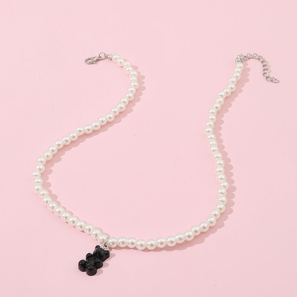 Minimalist Bear-Shaped Resin Necklace for Girls with Pearl Chain Adjustable Choker Style Pendant Necklace