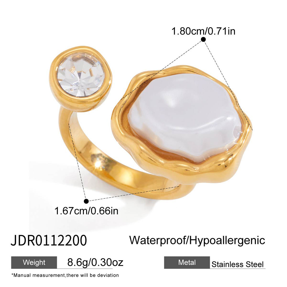 Elegant Minimalist Geometric Stainless Steel Ring with Resin and Pearl 18K Gold PVD Plated