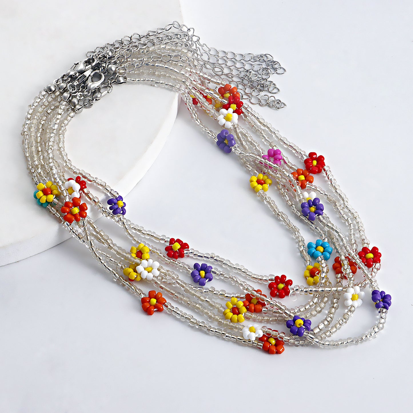 Bohemian Style Daisy Flower Pendant Necklace with Clear White Rice Beads and Geometric Accents in Alloy with Plated Finish for Women