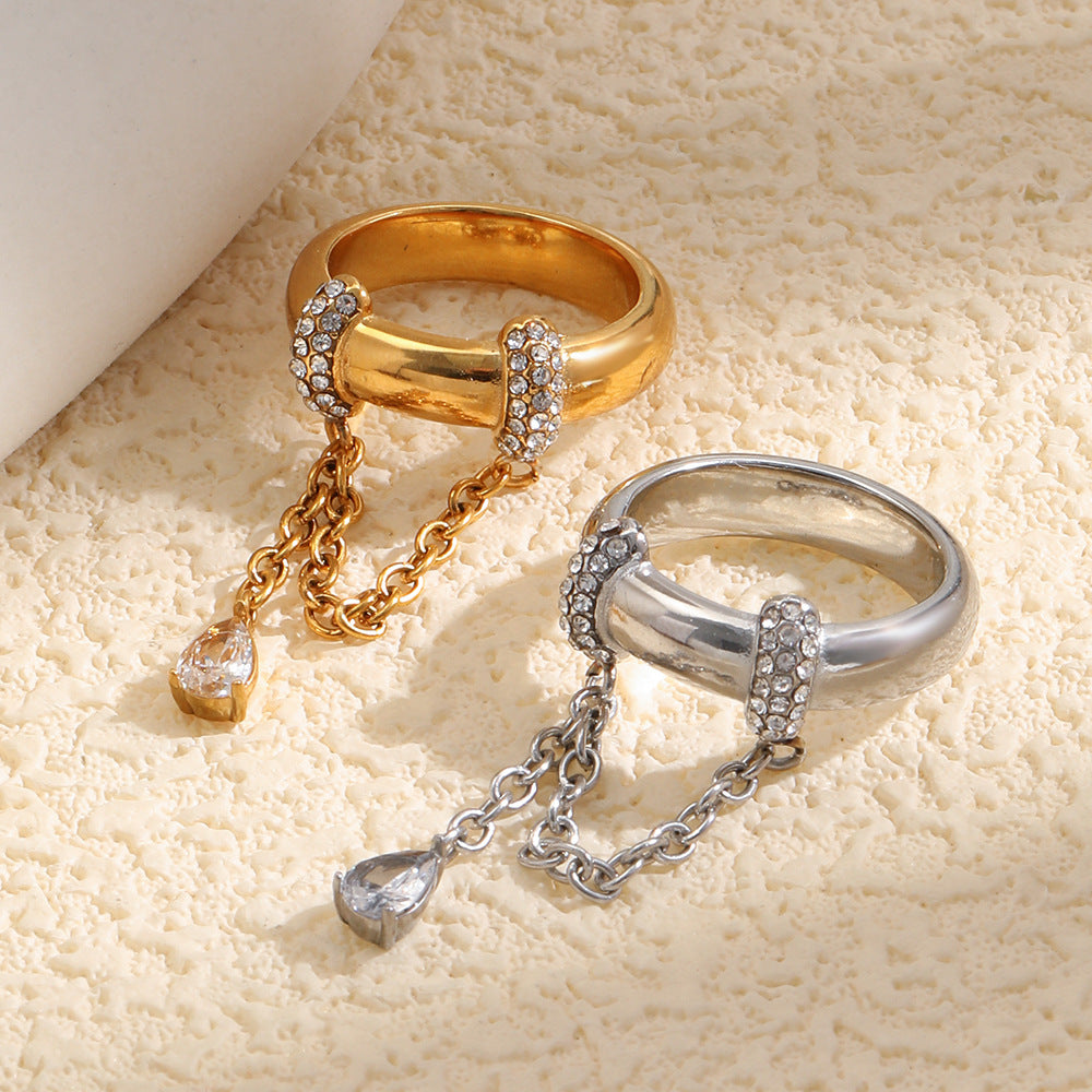 Minimalist Luxury 18K Gold Plated Stainless Steel Geometric Teardrop Ring with Cubic Zirconia and Tassel Chain for Women