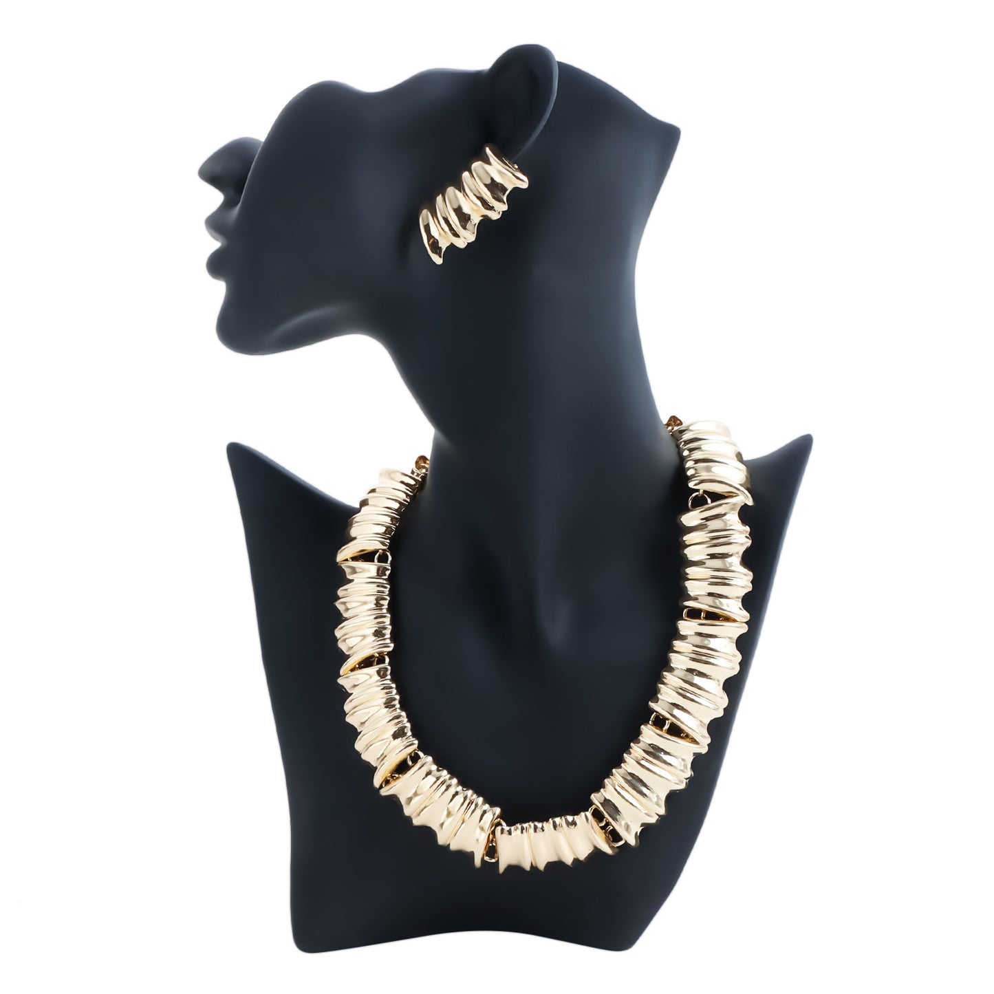 Exaggerated Geometric Gold Plated Alloy Necklace Set with Wave Detail for Women