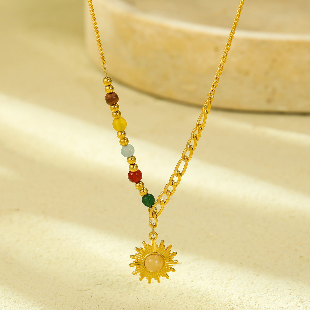 Collana Pendente Retrò Francese a Forma di Sole da Donna in Acciaio Inossidabile Placcato Oro, Gioielli con Catena a Medaglione Minimalista