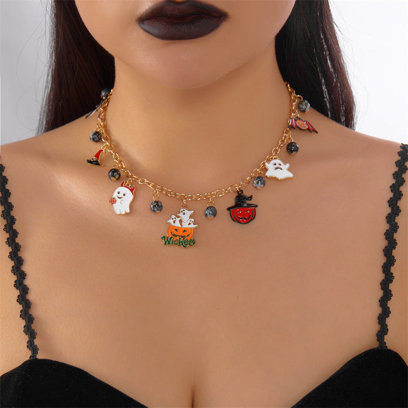 Collar con colgante de calavera de calabaza de Halloween dulce y atrevido de aleación con acabado galvanizado, unisex