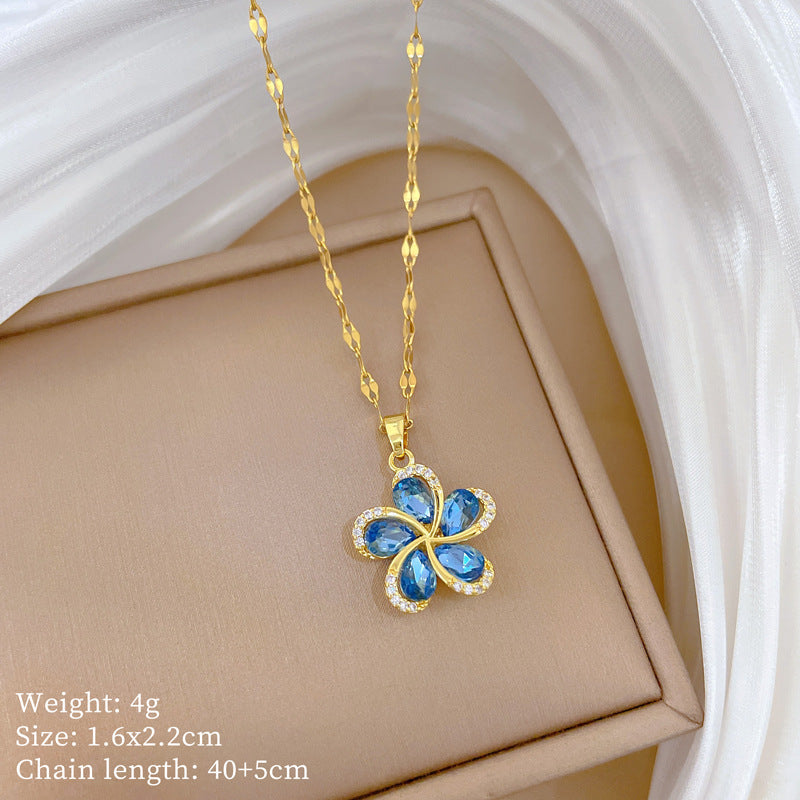 Sweet Minimalist Flower Rhinestone Titanium Steel Necklace for Unisex