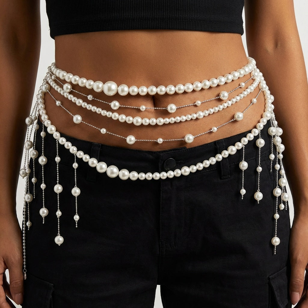 Casual Geometric Alloy Waist Chain with Pearl and Shell Tassels for Women