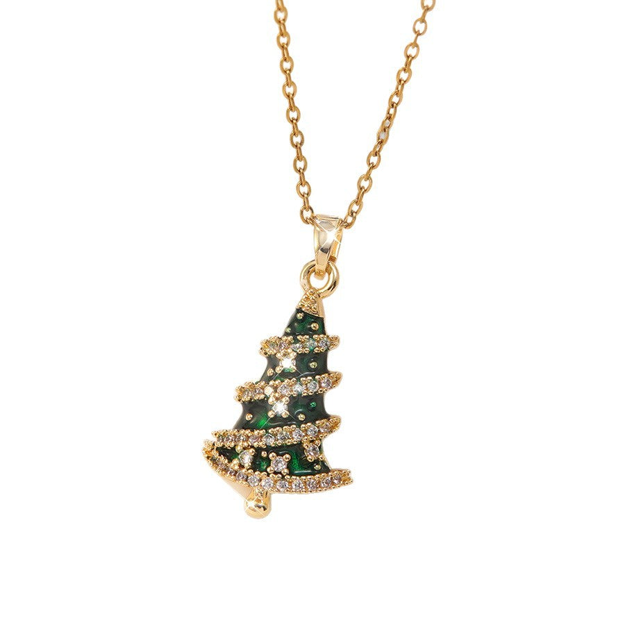 Luxury Stainless Steel Christmas Tree Snowman Bow Necklace with Glass Inlay Brass Pendant for Women