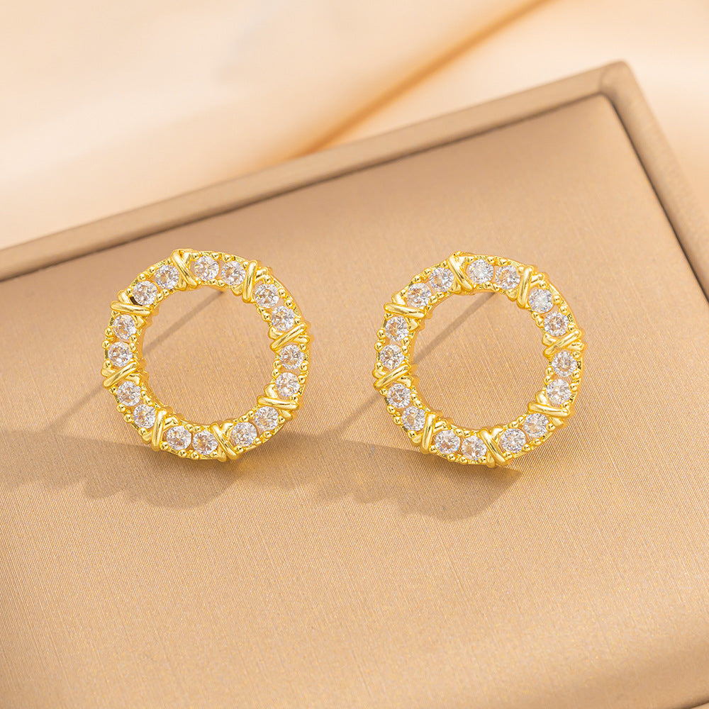Luxury Minimalist Round Geometric Necklace Ring Set in Titanium Steel with Gold Plating and Rhinestone Inlay for Women