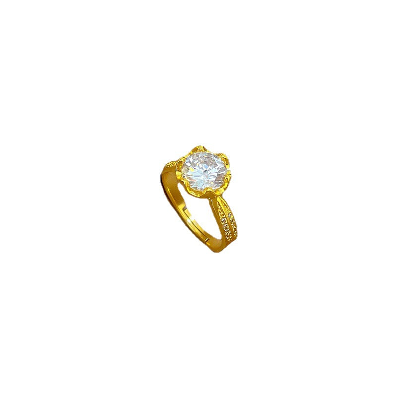 Luxury Minimalist Gold-Plated Brass Open Ring with Crown Shape Zircon Accent for Women