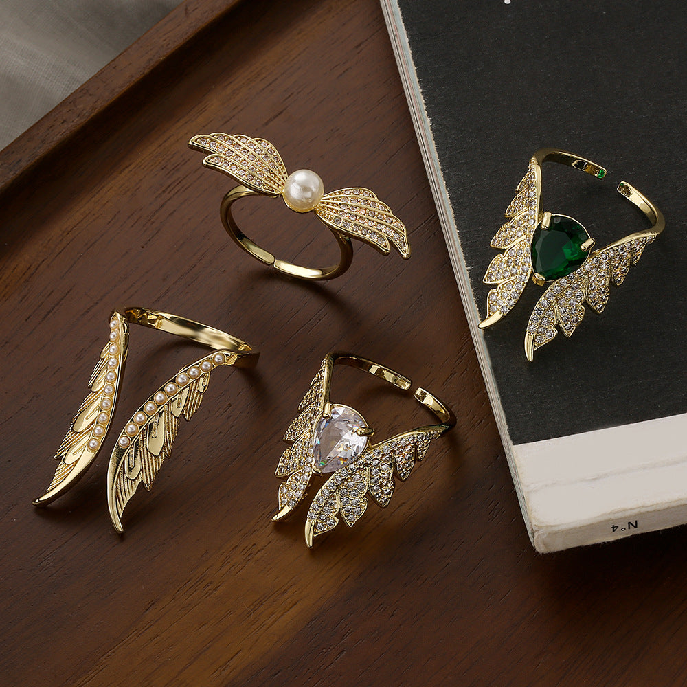 Geometric Wing-Shaped Copper Ring with Real Gold Plating and Zircon Inlay for Women