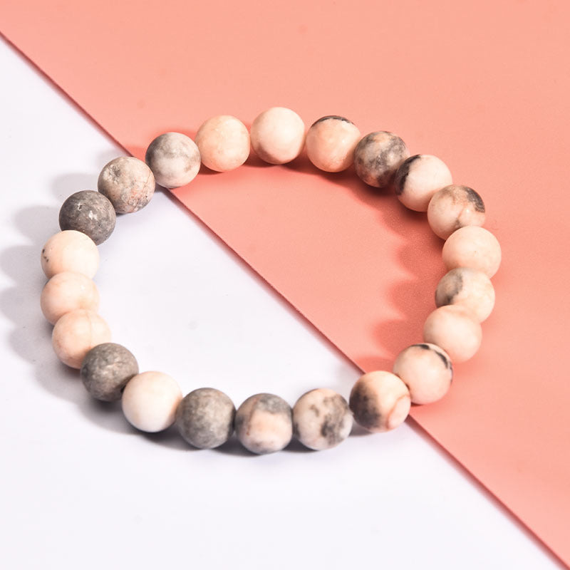 Elegant 8mm Pink Zebra Agate Beaded Bracelet with Rhinestone Inlay Unisex Geometric Jewelry