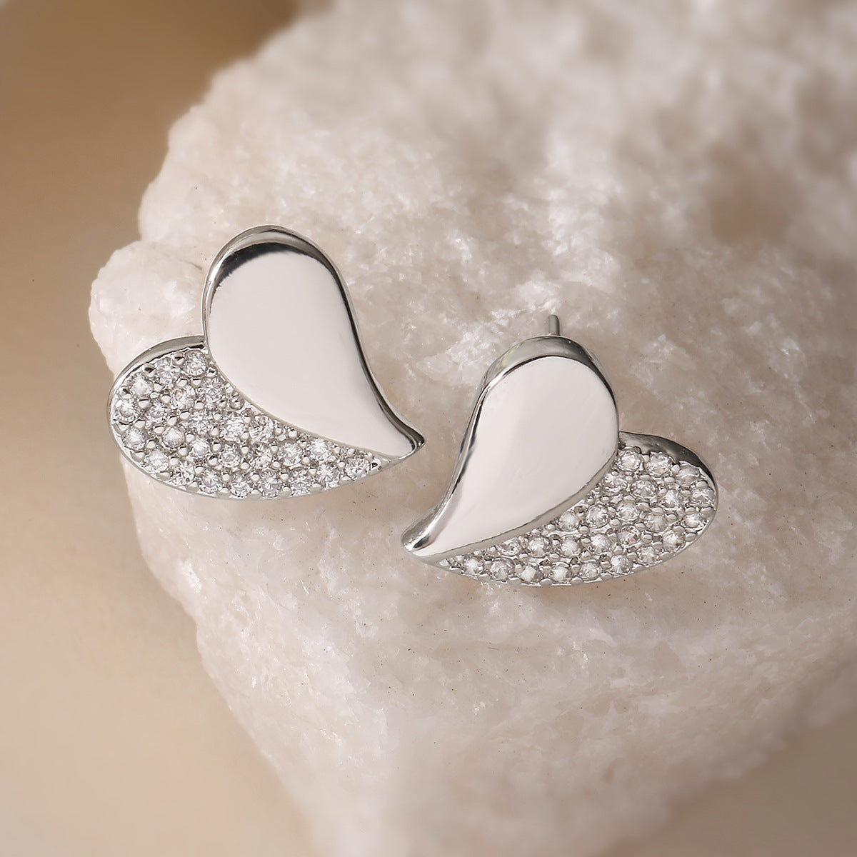 Minimalist Heart-Shaped Zircon Stud Earrings for Women in Copper with Micro-Pave Setting