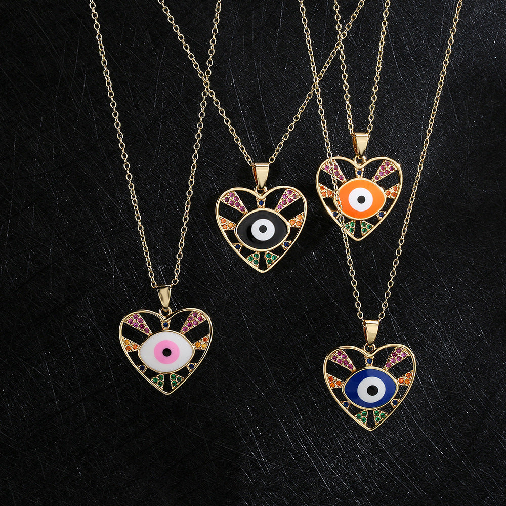Enamel Evil Eye Pendant Necklace in Gold Tone with Geometric Design for Women
