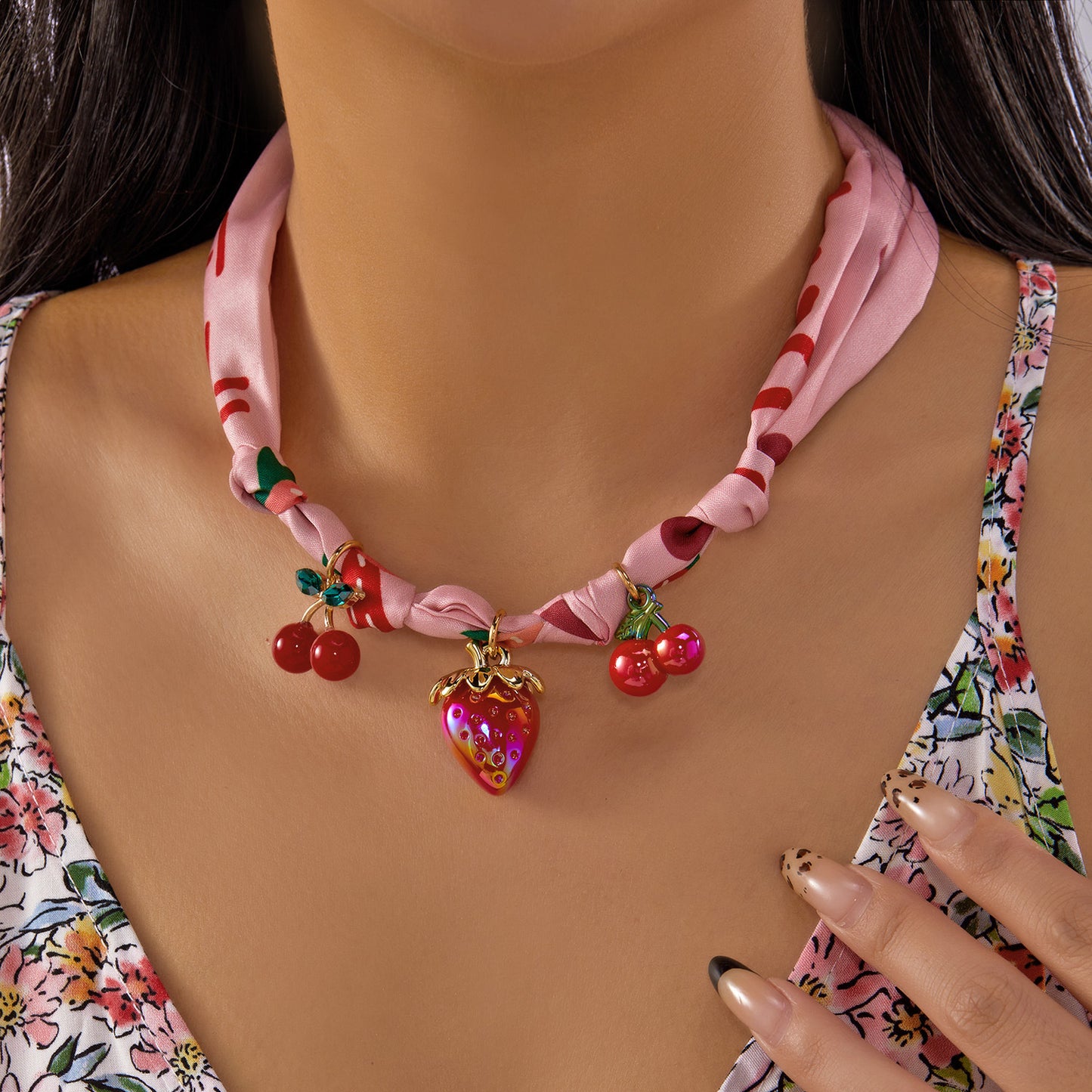Sweet Colorful Braided Alloy Fruit Floral Pendant Ribbon Necklace for Women