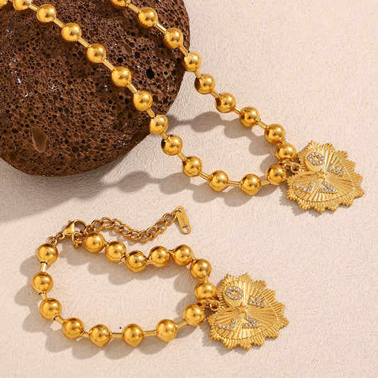 Fashionable Heart-Shaped Stainless Steel Plated 18K Gold Necklace and Bracelet Set for Women