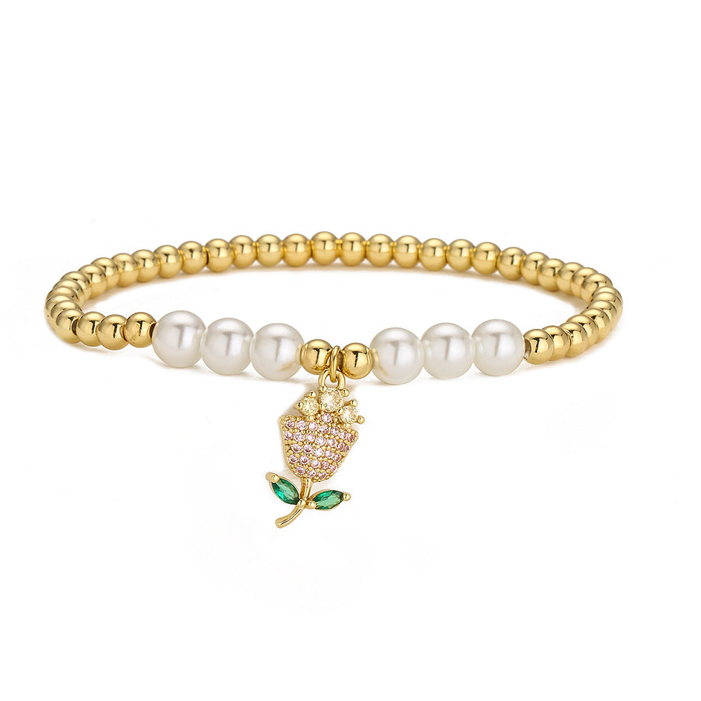 Bracciale rigido in rame placcato oro 18 carati smaltato con occhio in stile vintage e ciondolo a fiore di zirconi