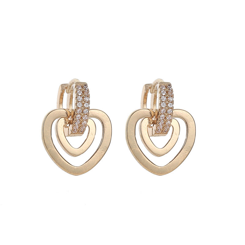 Pendientes de Cobre de Doble Capa con Forma de Corazón, Minimalistas de Lujo, con Baño de Oro de 18K e Incrustaciones de Pedrería para Mujer