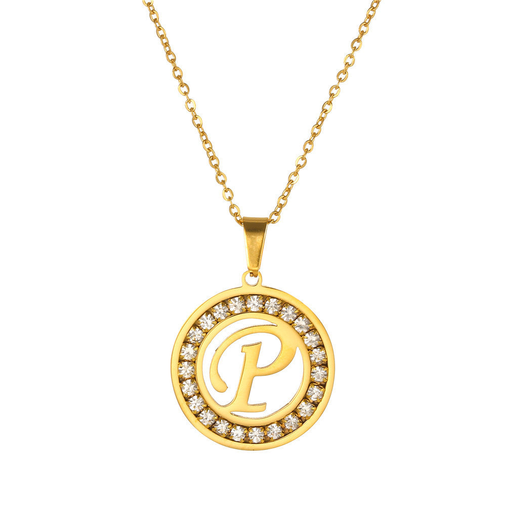 Minimalist Gold Plated Round Letter Rhinestone Inlay Pendant Necklace Titanium Steel Cable Chain