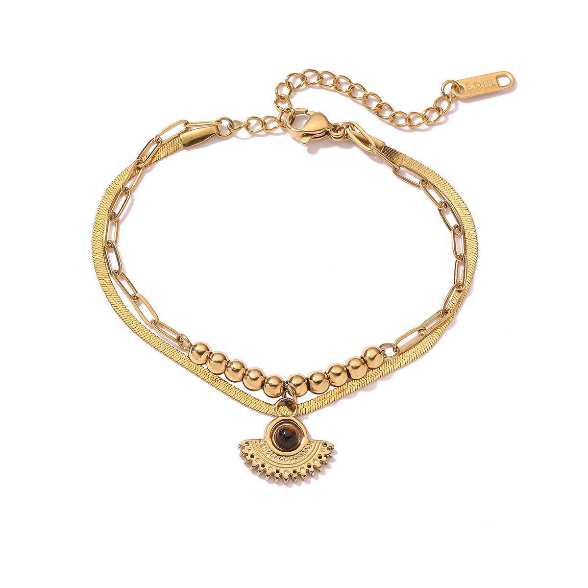Bracciale da donna in acciaio inossidabile geometrico stile vintage con finitura placcata, design a doppio strato impilabile