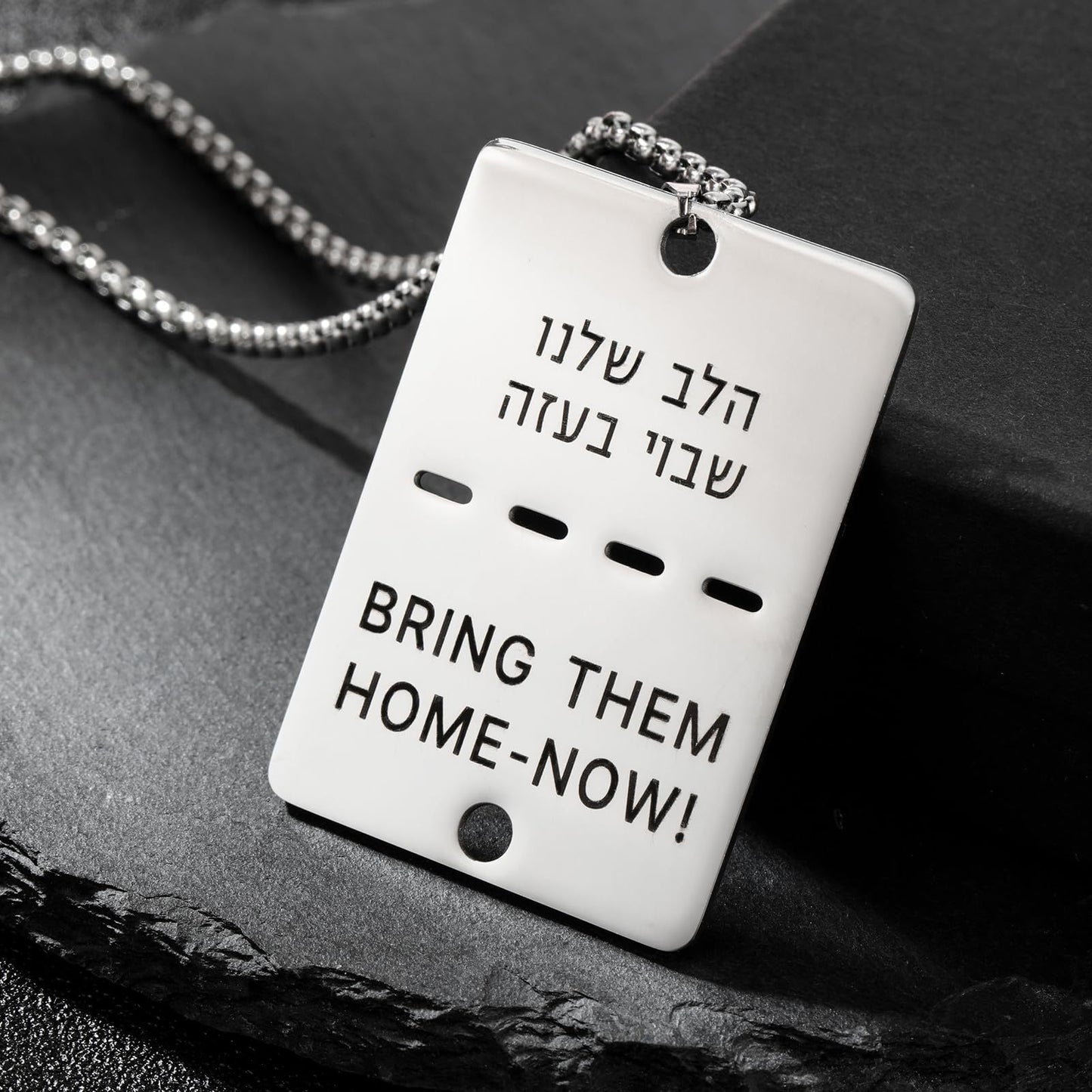 Minimalist Geometric Hebrew Script 'Bring Them Home Now' Pendant Necklace in Stainless Steel with Titanium Steel Charm and Plated Finish