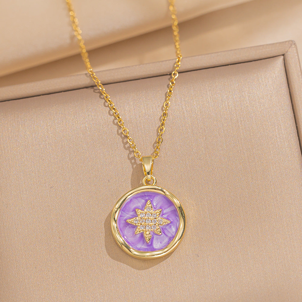 Collana da donna a forma di esagramma minimalista a conchiglia smaltata in zirconia, in acciaio al titanio, con catena a maglia ovale