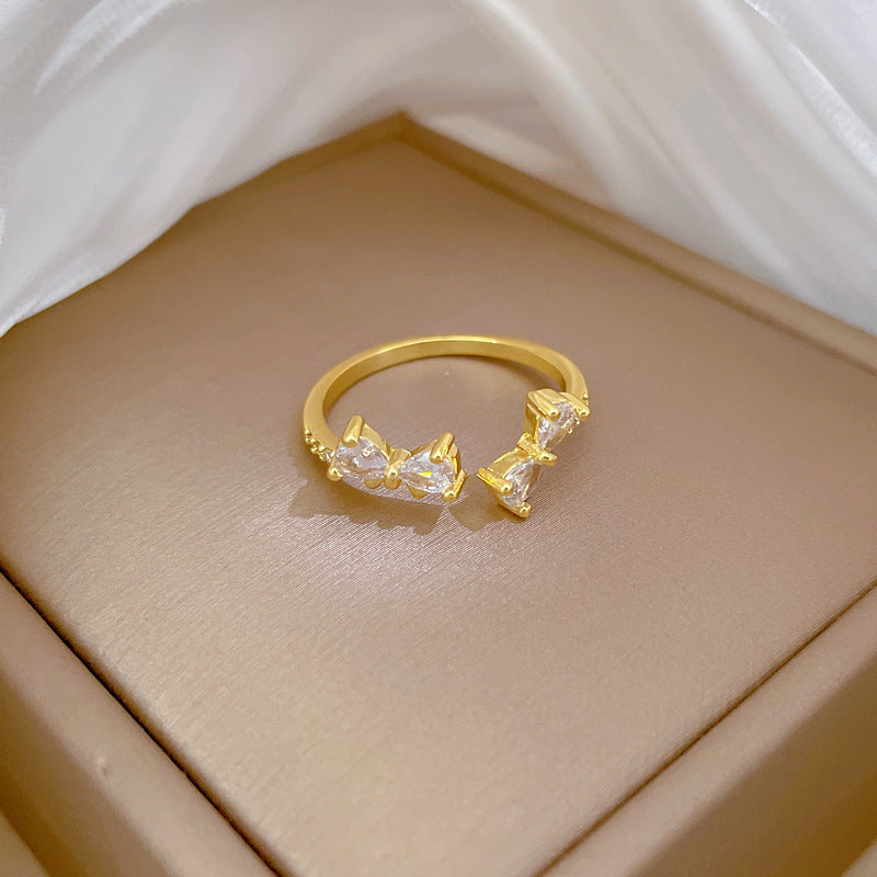 Anello regolabile con strass a fiocco placcato in ottone Anello da donna fresco e dolce Kawaii