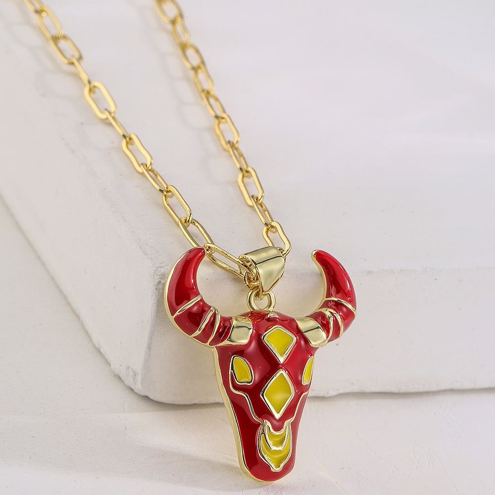 Minimalist Bull Pendant Necklace for Women in Copper with 18K Gold Plating and Enamel Finish