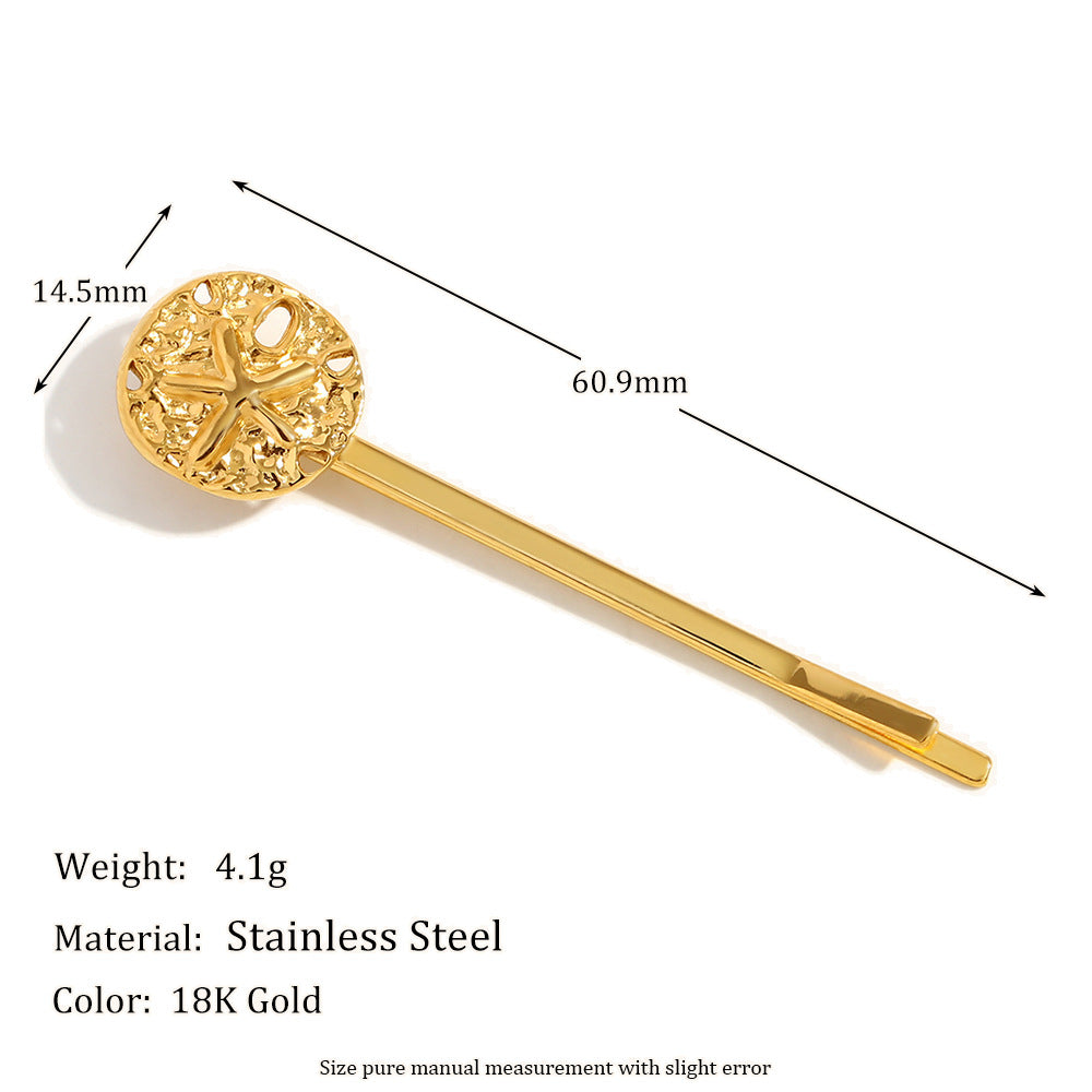 Fashionable Minimalist Starfish and Scallop Hair Clip for Women in Stainless Steel with 18K Gold Plating