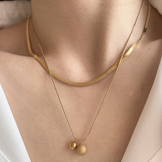 Minimalist Titanium Steel Double-Layer Snake Chain Necklace for Women with Small and Large Spherical Pendants and Lucky Beads