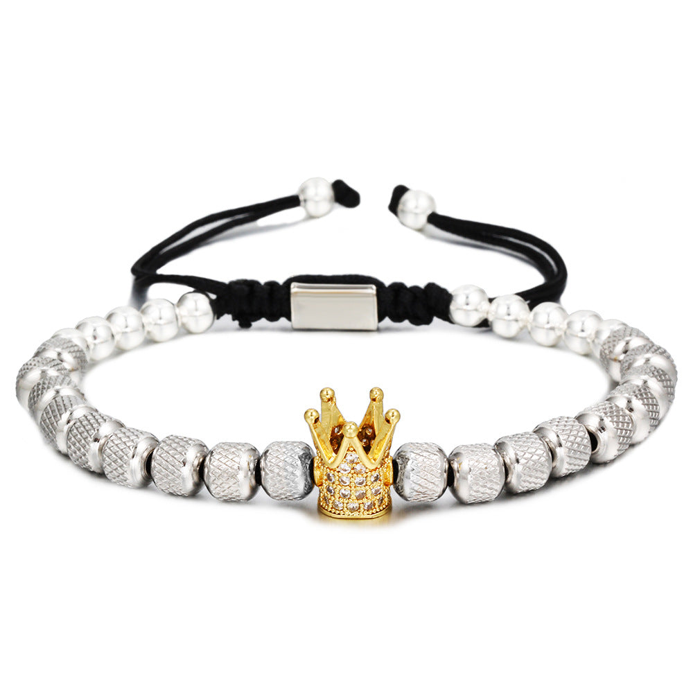 Vintage Geometric Titanium Steel Bracelet with Cubic Zirconia Pineapple Beads and Crown Charms for Unisex