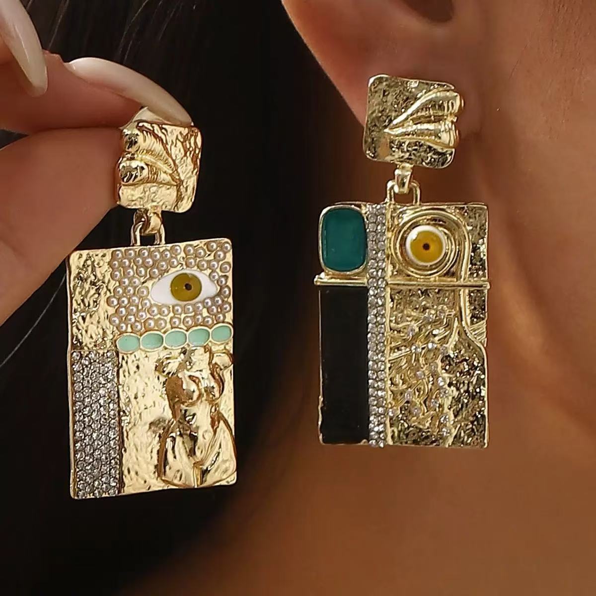 Orecchini pendenti da donna con strass a forma di Occhio di Allah esagerato, stile vintage
